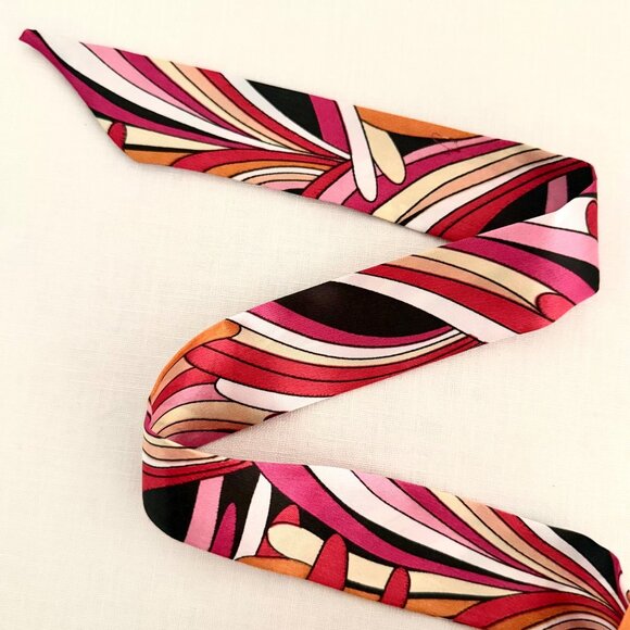 Pink Black Slim Scarf Size 34in Silk Abstract Neck Tie Bag Headband Hat Hair Bow - Picture 4 of 14